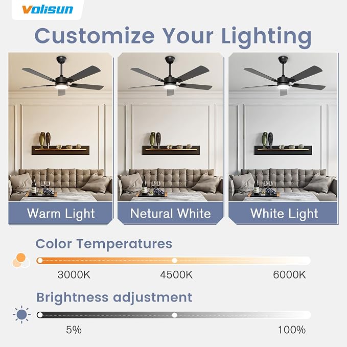 VOLISUN Ceiling Fan with Light, 52 inch Flush Mount Ceiling Fan with Lights and Remote, Dimmable LED Fan Light, Low Profile Ceiling Fan, Black Modern Ceiling Fan for Bedroom, Indoor/Outdoor