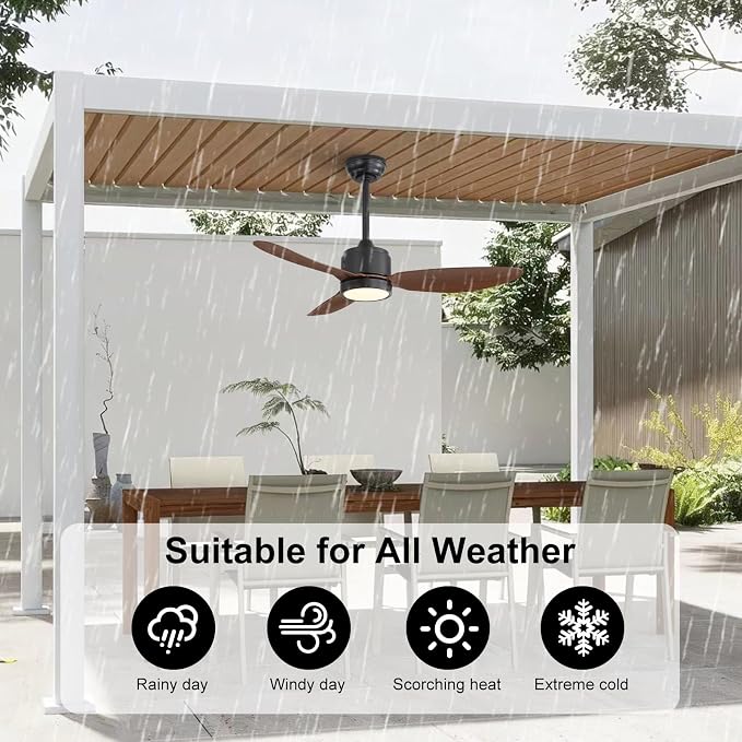 WINGBO 42" Outdoor Ceiling Fans with Lights, Wet Rated Waterproof Indoor Ceiling Fan with Remote, 3 ABS Blades Modern Ceiling Fan, 3CCT Quiet 6-Speed DC Motor, for Porch Patios Bathroom, Black+Walnut