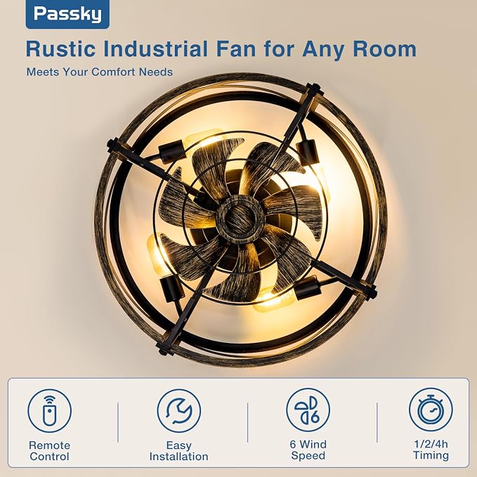 Passky 20" Farmhouse Flush Mount Ceiling Fans with Lights and Remote, Industrial Black Caged Low Profile Fandelier, 6 Speeds Bladeless Ceiling Fan for Bedroom, Kitchen, Living Room