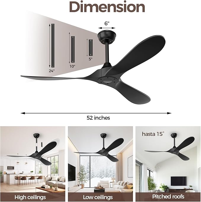 Obabala Black Outdoor Ceiling Fan, 52 in Ceiling Fans No Light with Remote Control, 3 Blades, 6 Speed Reversible DC Motor Modern for Patios, Living Room, Bedroom, Porch