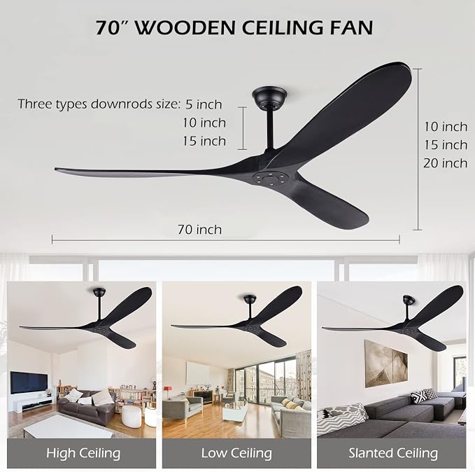 72 Inch Black Ceiling Fan No Light ，Wood Outdoor Ceiling Fans for Patios Living Room Gazebo Mid Century Modern Exterior Extra Large Waterproof Ceiling Fan without Light with Downrod