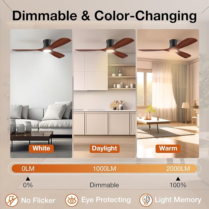 52” Wood Low Profile Ceiling Fans with Lights,Smart Control with Alexa App Remote,Outdoor Indoor Flush Mount Ceiling Fan for Modern Bedroom Patio,Brown Wood& Black,3 Blades,Dimmable,6 Speed,Noiseless