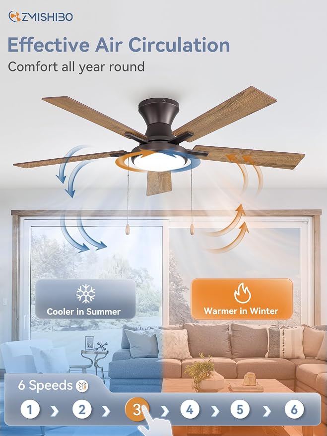 ZMISHIBO Ceiling Fans with Lights, Low Profile Ceiling Fan with Pull Chain and Remote Control, Flush Mount, Reversible, Dimmable, Noiseless, Black Pull Cord Ceiling Fan for Bedroom(52inch Brown)