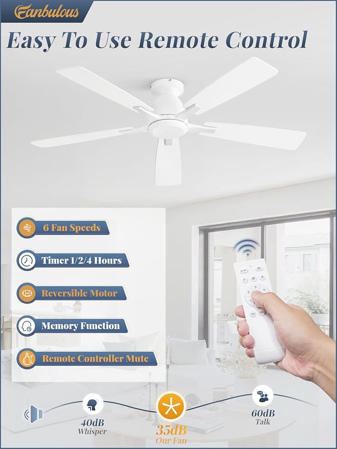 Fanbulous 52 Inch Flush Mount Ceiling Fan No Light with Remote, White | Modern Low Profile Without Light, 6-Speed, Quiet Reversible DC Motor, Indoor/Outdoor Use, for Bedroom, Living Room, Patio