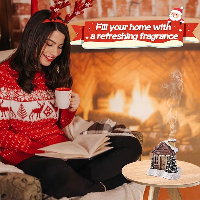 Christmas Log Cabin Incense Burner - Christmas Village Houses with 2 Incense Cones, Resin Incense Cone Holder for Home Room Table Fireplace Decorations, Brown
