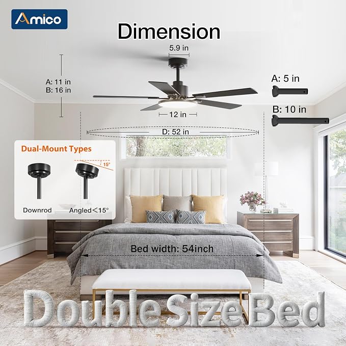 Amico 52 Inch Smart Ceiling Fan with Lights, Remote/App/Alexa/Google Control, WiFi Modern Downrod Mount Ceiling Fan, Reversible DC Motor, 6 Speeds, 3CCT, Dimmable, Quiet for Bedroom/Living Room, Black