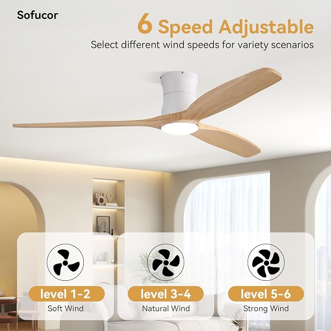 Sofucor 52" Smart Ceiling Fan, Solid Wood Ceiling Fan with Lights and Remote, Flush Mount Ceiling Fan Works with Alexa/Google/App, Dimmable 6-Speed Timing Reversible DC Motor for Bedroom Living Room
