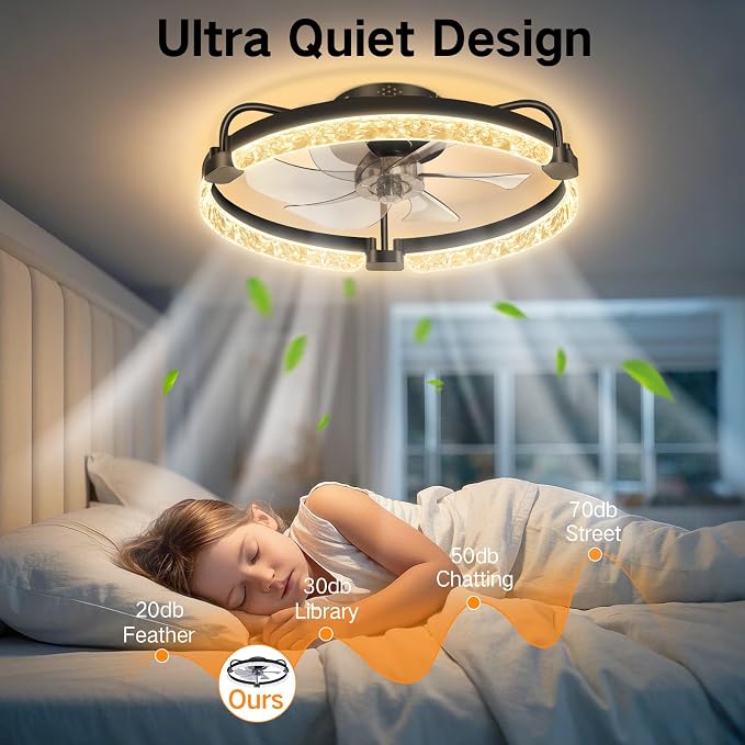 OUTON 20" Fandelier Low Profile Ceiling Fan with Light, Remote & App Control, Flush Mount Ceiling Fan with 3000K-6500K Stepless Dimmable, 6 Speed, Quiet DC Motor, Small Modern Fans for Bedroom