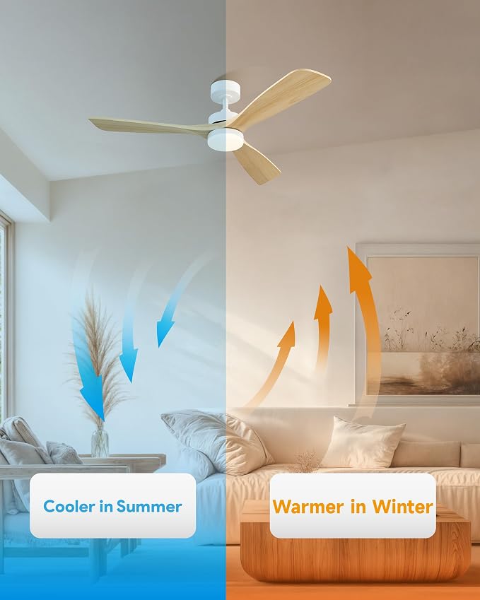 VONLUCE Wood Ceiling Fan with Lights, 52 Inch Ceiling Fan and Remote, 6 Speed Reversible Noiseless DC Motor, 3CCT, Solid Wood Outdoor Ceiling Fan for Patios Farmhouse, White