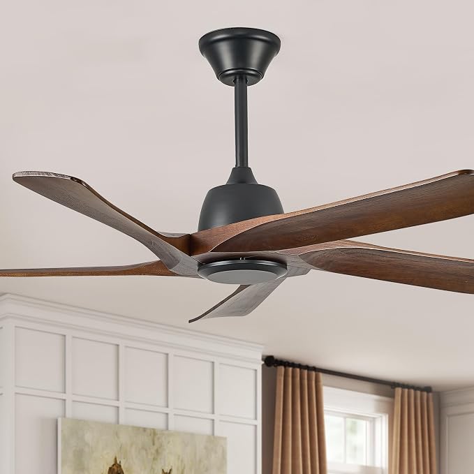 52 Inch Solid Wood Ceiling Fan No Lights, Remote and APP Control, DC Motor, 6-speed Reversible, for Bedroom, Living Room, Office, Dark Walnut