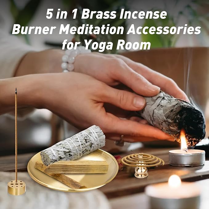 Incense Holder 5.5 inches, 5 in 1 Incense Burner, Palo Santo Holder, Sage Holder, Incense Holder for Sticks/Coil Incense/Incense Cones, Brass Insence Sticks Holder Meditation Accessories for Yoga Room