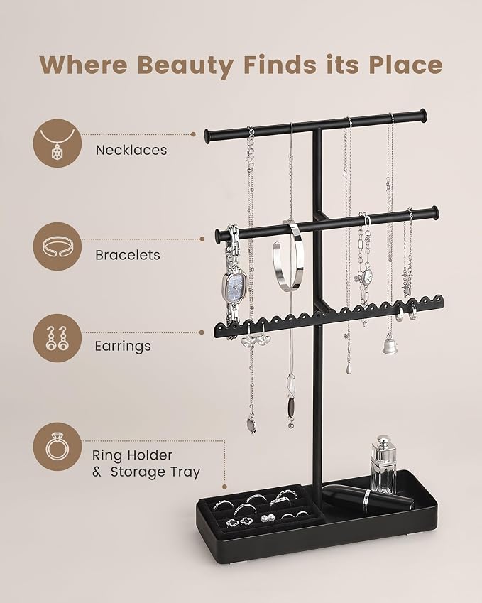 Lolalet 3-Tier Jewelry Organizer Stand, Metal Jewellery Holder, Dresser Display Rack for Necklace Earring Bracelets Rings, Gift for Women Girls -Black