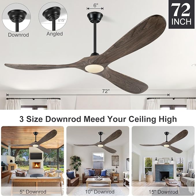 Eliora 72 Inch Ceiling Fans with Lights, Wood Outdoor Ceiling Fan for Patio and Remote Control Rustic Propeller Large Ceiling Fans with Light Farmhouse Indoor Quiet High cfm, Deep Brown
