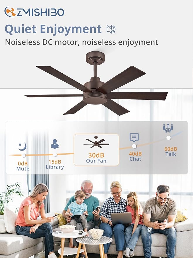 ZMISHIBO 42 Inch Ceiling Fans No Lights, Farmhouse Rustic Ceiling Fan Without Light, 6 Blades, Quiet Reversible DC Motor, 6-Speeds, Brown Ceiling Fans for Bedroom, Living Room, Porch, Indoor/Outdoor