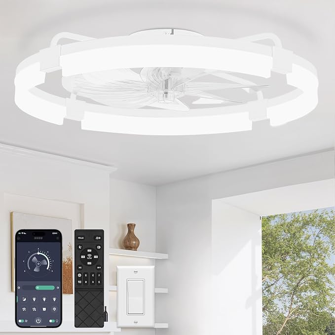 LEDIARY 24" Ceiling Fans with Lights and Remote, Modern Low Profile Ceiling Fan, 3 CCT, Stepless Dimmable, Fandelier Flush Mount Fan Light, 6 Speeds, DC Motor, App & Remote Control for Bedroom(White)