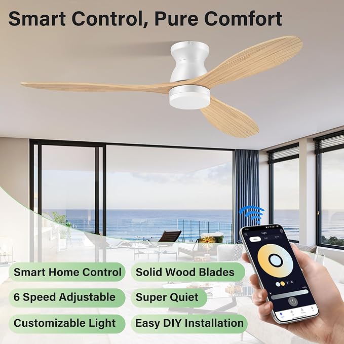 52" Wood Ceiling Fans with Lights Remote,Smart Control via Voice Alexa APP,Quiet DC Motor,Flush Mount Modern Ceiling Fan for Low Profile Living Room,Patio,White& Light Natural Wood,Outoor Indoor,Dim