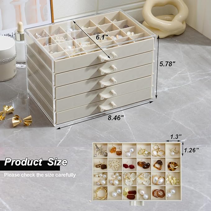 YUFONG Earring Storage Box Organizer, Acrylic Jewelry Storage Box Holder 5 Drawers Transparent Jewelry Display Stand with 120 Small Compartments Gift Boxes for Women Girls (Beige)