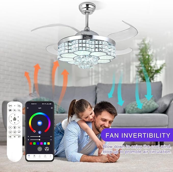 BAYSQUIRREL Retractable Ceiling Fan with Light and Remote/APP Control, Bluetooth Ceiling Fans with Speaker, RGB-LED Light 6 Speeds Reversible Blades,Chandelier Crystal Ceiling Fan with Lights