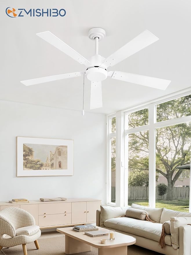 ZMISHIBO 52 Inch Ceiling Fans without Lights, White Ceiling Fan with Pull Chain, 6-Speeds, Quiet DC Motor, Remote Control, Outdoor Ceiling Fan for Patios, Living Room, Kitchen, Shop