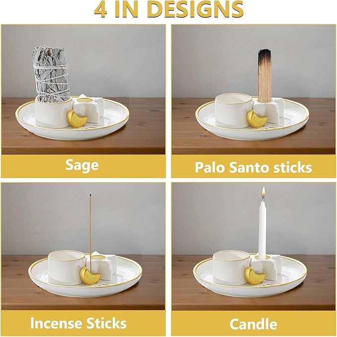 4 in 1 Incense Holder, Palo Santo Holder for Burning Sage, Ash Catcher Tray, Candle Holder for Meditation Yoga Room