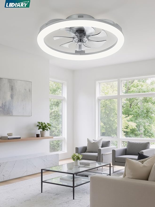 LEDIARY 20 Inch Low Profile Ceiling Fans with Lights and Remote, Dimmable Modern Fan Light(3000K-6000K), 6 Speed, Reversible, APP & Remote Control, Flush Mount Ceiling Fan for Bedroom, Grey