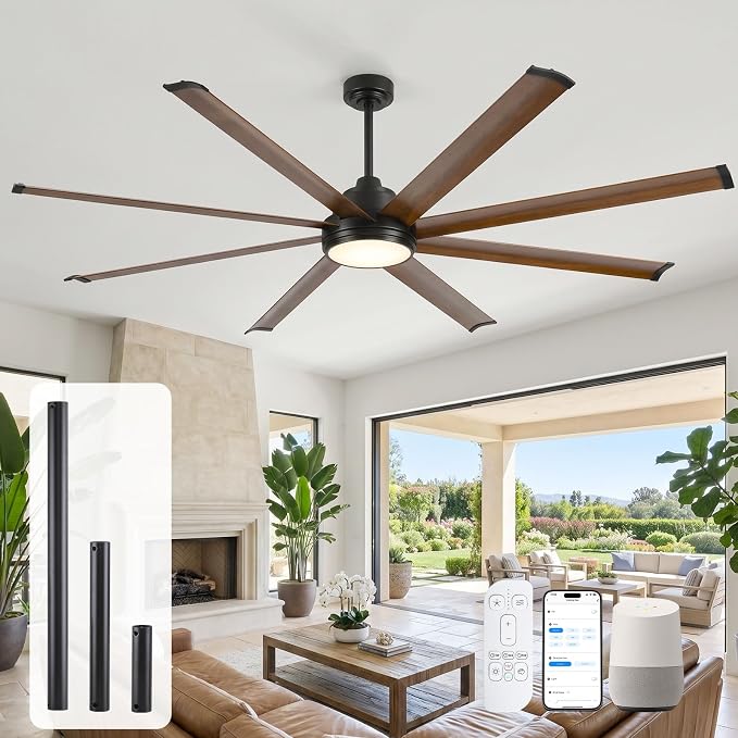 84 Inch Indoor Outdoor Ceiling Fan with Light, Rustic Farmhouse Smart Ceiling Fan with Alexa/App/Remote Control, 8 Walnut Aluminum Blades, Large Airflow Quiet DC Motor, for Barn Office Gym Patio