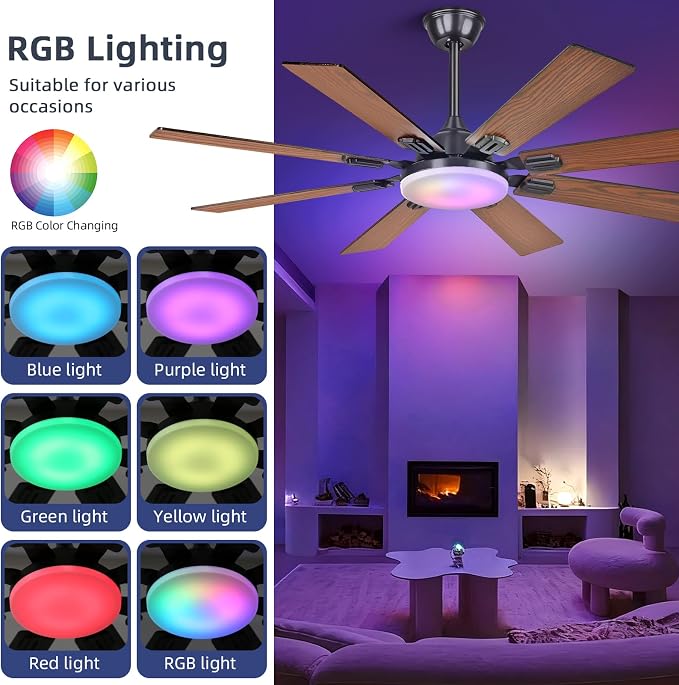 52" Ceiling Fans with Lights and Remote,Modern Ceiling Fan with 8 Dual Finish Blades,Quiet Reversible Motor， Farmhouse Ceiling Fan with RGB Lights for Bedroom,Living Room,Patios， Brown