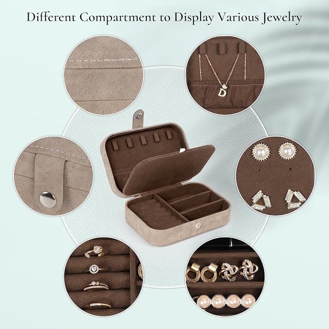 Hatori Travel Jewelry Box, PU Leather Small Jewelry Organizer for Women Girls, Double Layer Portable Mini Travel Case Display Storage Holder Boxes for Stud Earrings, Rings (Brown)