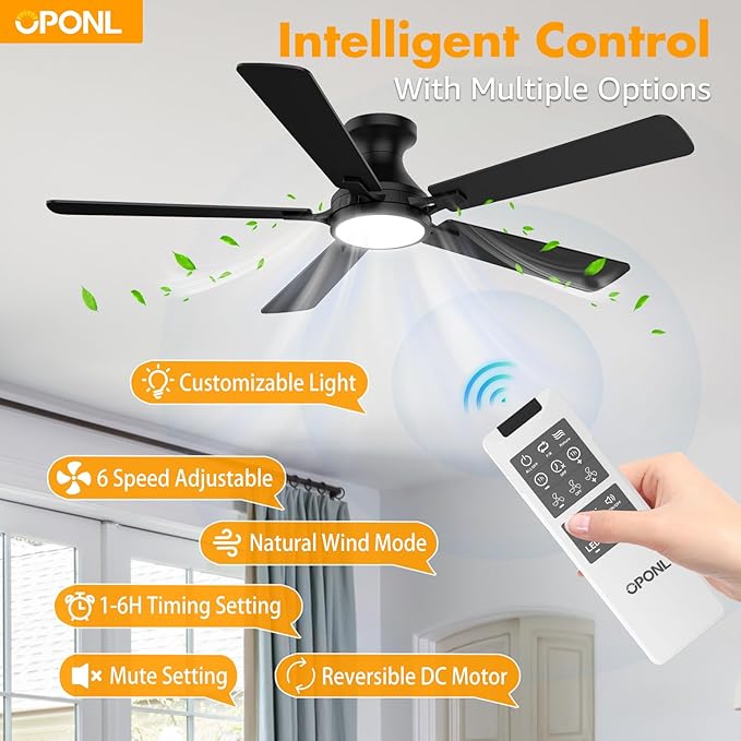 OPONL Ceiling Fan with Light, 52 inch Low Profile Ceiling fan with Light and Remote Control, Reversible, 6CCT, Dimmable, Noiseless, Black Ceiling Fan for Bedroom, Indoor/Outdoor Use, Modern