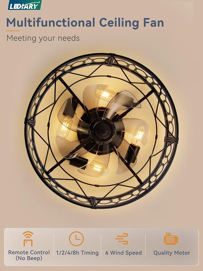 LEDIARY Caged Flush Mount Ceiling Fans with Lights, 23 Inch Farmhouse Low Profile Black Ceiling Fan with Remote, Small Bladeless Fan Lights Ceiling Fixtures for Bedroom, Kitchen- Black