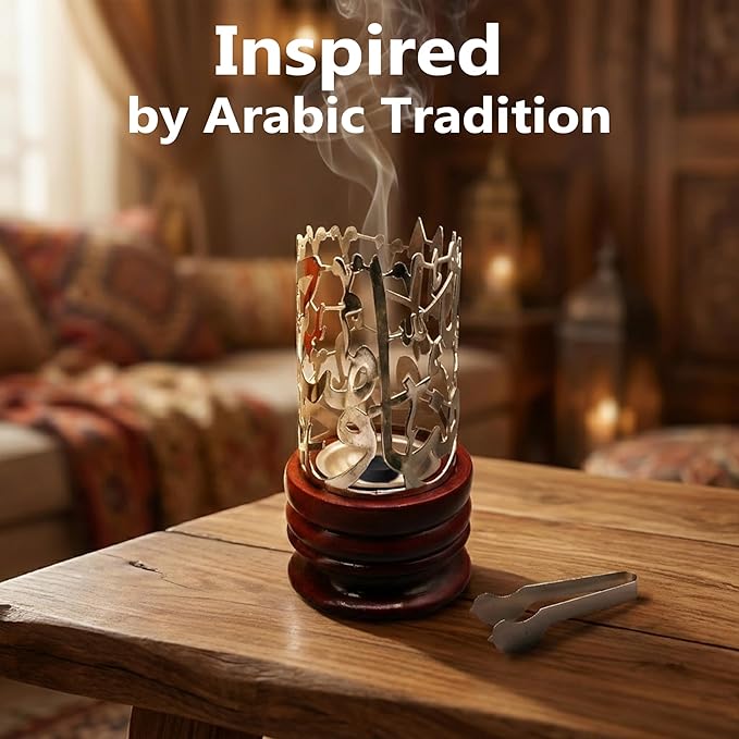 AM Bakhoor Calligraphy Incense Burner - Metalic Resin Cone Holder | Wooden Base | Frankincense Charcoal Burner Mabkhara | Spiritual Gifts for Office & Home Decor (Silver)