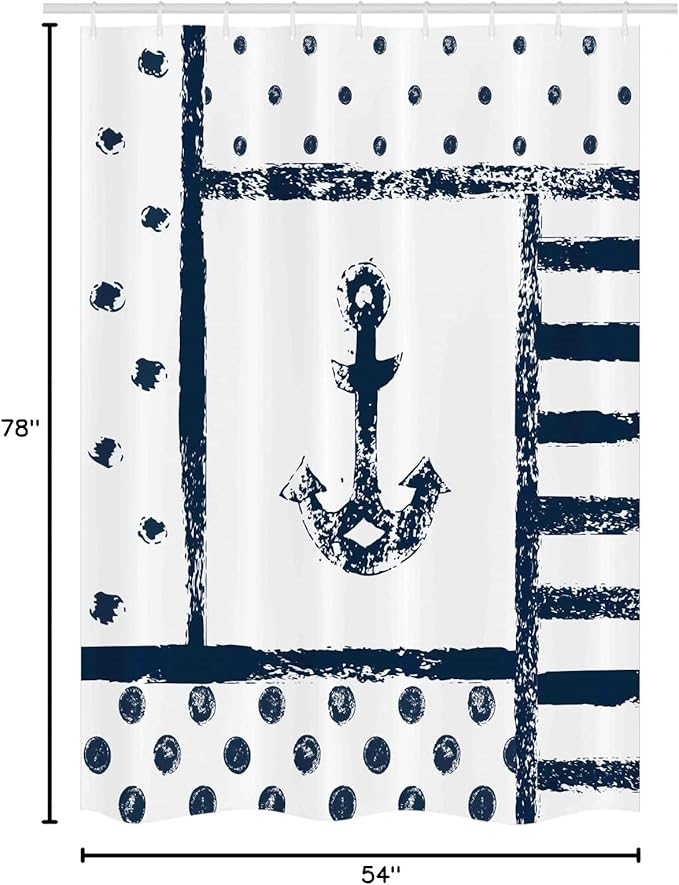 Ambesonne Anchor Stall Shower Curtain, Grunge Murky Boat Marine Silhouette Polka and Stripe Retro Navy Theme Art, Fabric Bathroom Decor Set with Hooks, 54" W x 78" L, Dark Blue White