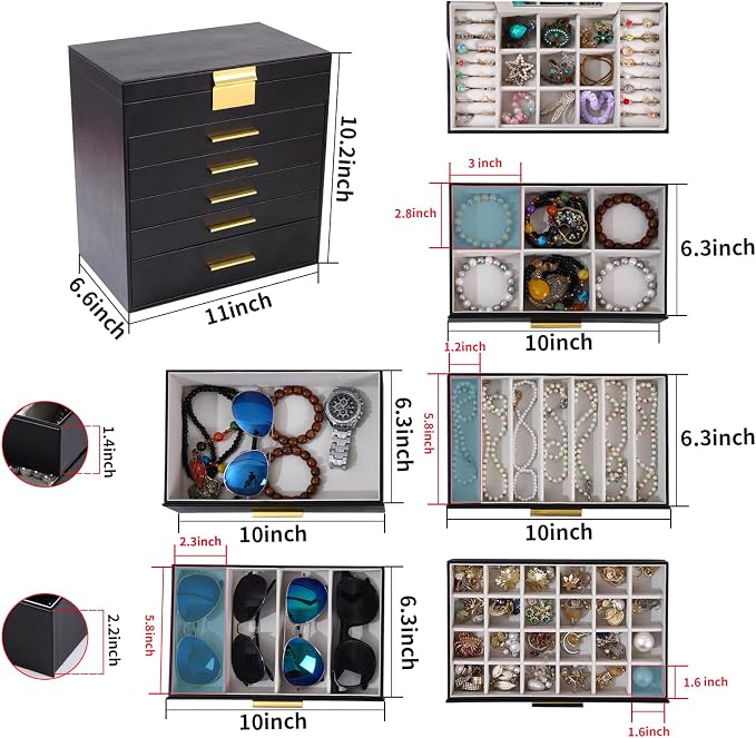 BOOVO Jewelry Boxes for Women, White and Black 6 Layer Large Jewelry Box for Necklace, Bracelet, Earrings, Rings Storage, Jewelry holder Organizer for Girls Gift (Black and Gold, 6 layer)