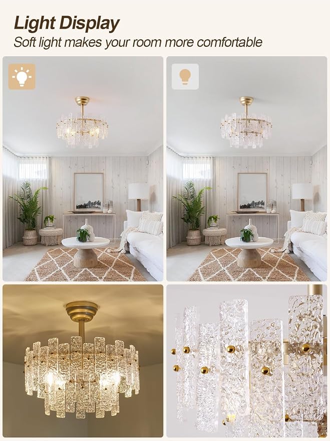 20" Gold Fandelier Ceiling Fan with Light,Gold Crystal Chandelier Ceiling Fans with Lights and Remote Control,Mid-Century Modern Caged with 6 Speeds for Living Room Bedroom Nursery