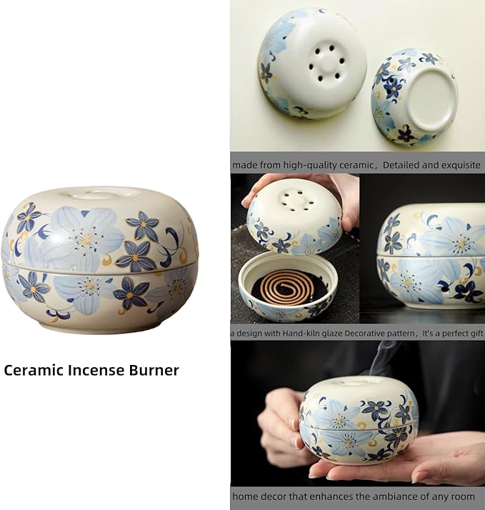 Blue Ceramic Incense Burner - Lily Flower Pattern insence Holder for Frankincense, Bakhoor, Charcoal, Stick, Powder, Cone, Coil, and Tower Incense