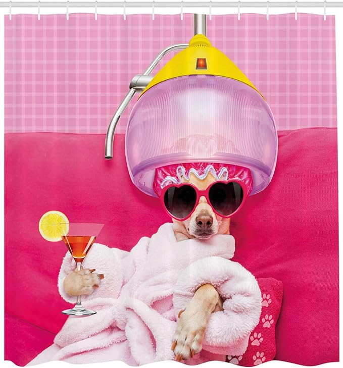 Ambesonne Funny Shower Curtain, Chihuahua Dog Relaxing and Lying in Wellness Spa Fashion Puppy Comic Print, Cloth Fabric Bathroom Decor Set with Hooks, 69" W x 70" L, Pink Magenta