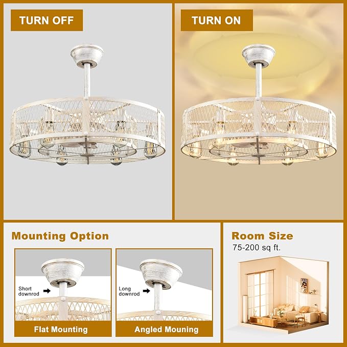 Depuley Cage Ceiling Fan with Light: Rustic Cement Caged Ceiling Fan Light Fixture - Flush Mount Ceiling Fans with Remote - 26 in Industrial Low Profile Fandelier for Kitchen Indoor Dining Room