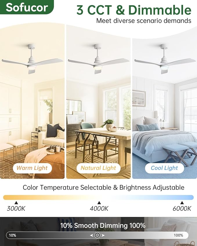 Sofucor 52 Inch Smart Ceiling Fans with Lights for APP/Remote/Voice Control | Downrod Mount, White Wood Blade,1/4/8 H Timer, 3CCT Dimmable 6 Speed, Quiet DC Motor, Outdoor Bedroom/Living Room/Patio