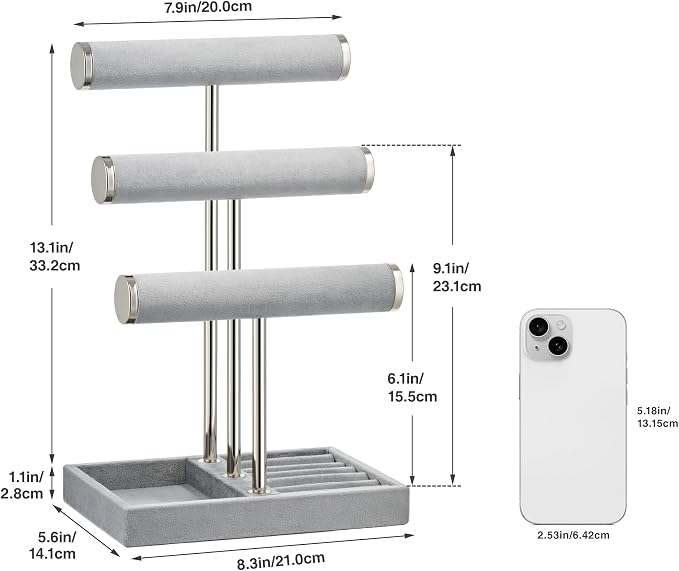 Jewelry Organizer Stand Display, 3 Tier Velvet Bracelet Holder, Grey | Jewelry Organizers and Storage | Jewelry Tree | Jewelry Towers for Necklaces, Bracelets, Earrings, Rings
