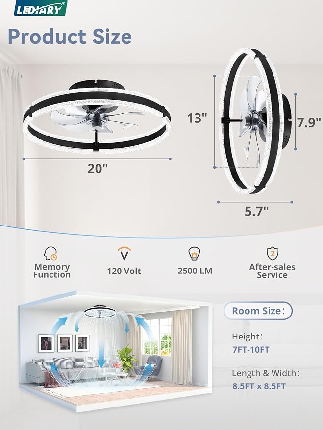 LEDIARY 20" Ceiling Fans with Lights and Remote, Black Low Profile Ceiling Fan with Light, 3000-6000K Dimmable Fandelier Ceiling Fans, Modern Flush Mount Fan Light for Bedroom-2 Pack