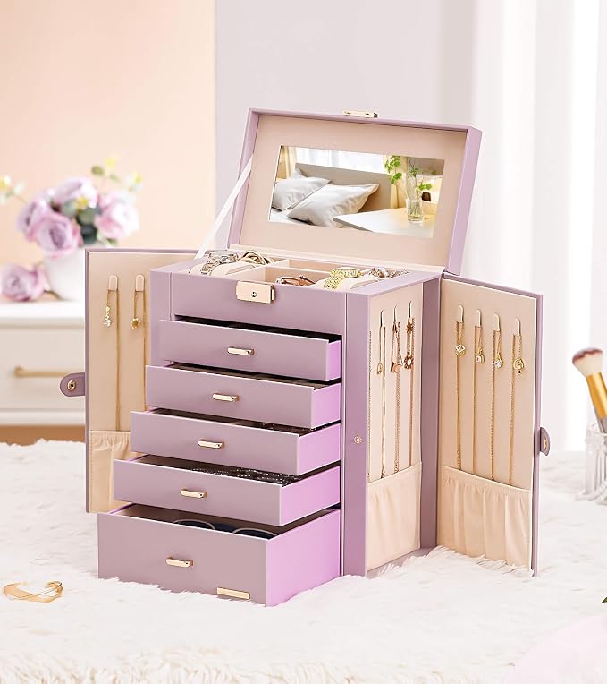 Homde Jewelry Box Large for Women: 6 Layers 5 Drawers Organizer with Mirror for Ring Earring Necklace - Storage Holder with Lock for Dresser (Gray Purple)