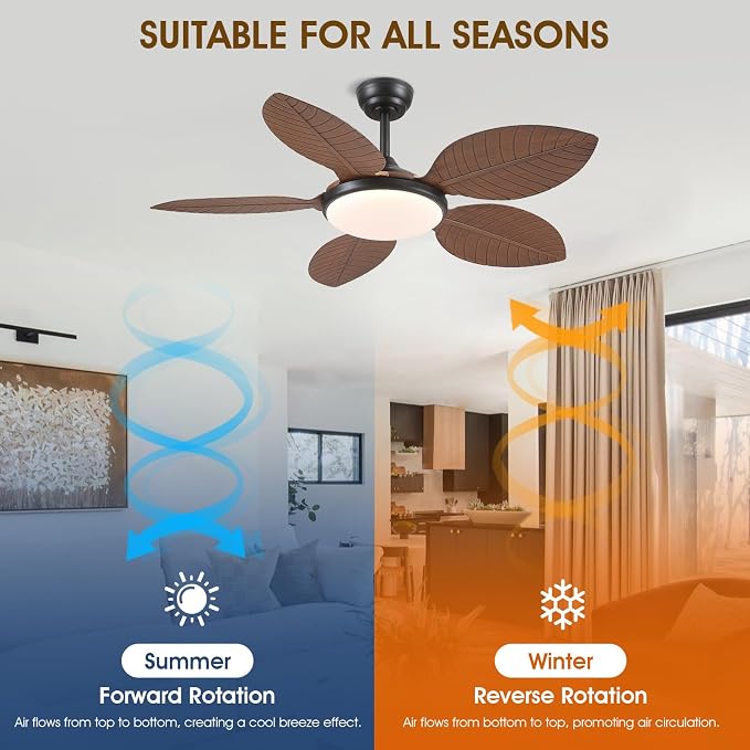 Wiviniya 48 Inch Tropical Ceiling Fans with Lights, Palm Leaf Outdoor Ceiling Fan with Light for Patios Porch Bedroom Living Room, Remote/APP Control, Reversible Quiet DC Motor, Dimmable LED, Brown