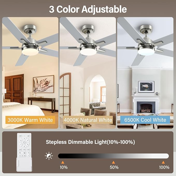 52 Inch Brushed Nickel Ceiling Fans with Lights and Remote, Low Profile 5 Blades Ceiling Fan with Downrods, Reversible, 3CCT, Dimmable, Noiseless for Living Room, Bedroom and Patio