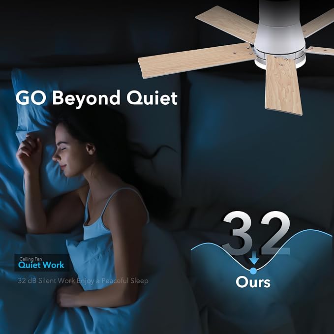 Rayqueen 42 Inch Flush Mount White Ceiling Fans with Lights and Remote | 6 Speed Reversible DC motor,3-color temperature dimmable LED.For indoor/covered outdoor.Modern style for bedroom room