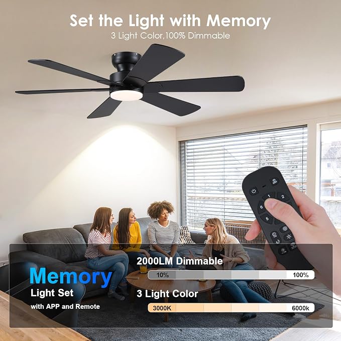 BayDay 52 inch Ceiling Fans with Lights, Black Ceiling Fan with Remote APP, Dual-Sided Modern/Rustic 6 Blades, Reversible, 3CCT, Flush Mount Low Profile Ceiling Fan with Lights Bedroom Kitchen Indoor