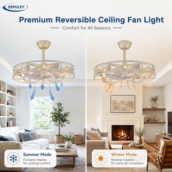 Depuley Caged Ceiling Fans with Light: 24-Inch Cement Enclosed Farmhouse Fandelier for Kitchen Bedroom - Industrial Semi Flush Mount Ceiling Fan with Remote 6 Speeds Reversible Motor Timer