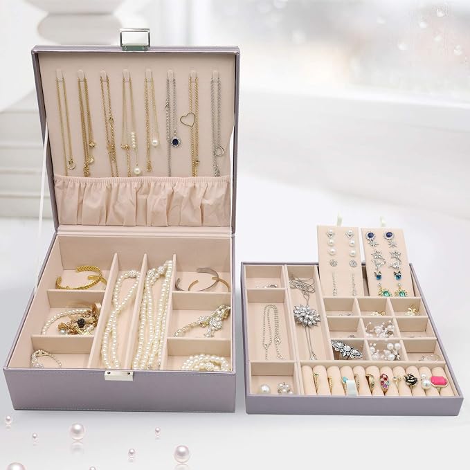 ProCase 2 Layers Jewelry Box for Women -Pearlizedsilver | Large Leather Jewelry Organizer Storage Case with Removable Pad for Earrings