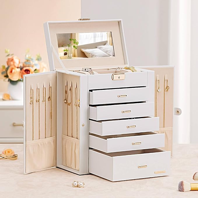 Homde Jewelry Box Large for Women: 6 Layers 5 Drawers Organizer with Mirror for Ring Earring Necklace - Storage Holder with Lock for Dresser - Ideal Gift Case (White)