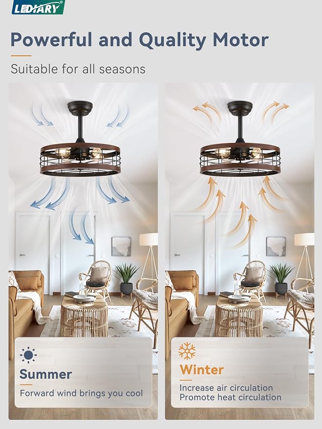 LEDIARY 18 inch Black Caged Ceiling Fan with Light, Bladeless Industrial Ceiling Fan with Remote, Farmhouse Fan Lights Ceiling Fixtures for Kitchen, Bedroom, Outdoor（6 Speed, Timing）-Walnut