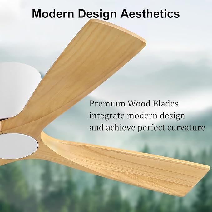 WINGBO 54 Inch Ceiling Fan Without Light, Solid Wood Flush Mount Ceiling Fan with Remote Control, Reversible DC Motor, 4 Blades, 6-Speed Quiet Performance, for Bedroom & Living Room, White+Light Wood